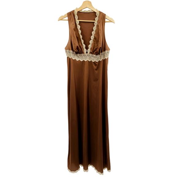 Vanity Fair Vintage Brown Cream Lace Maxi Slip Dress - Picture 1 of 6